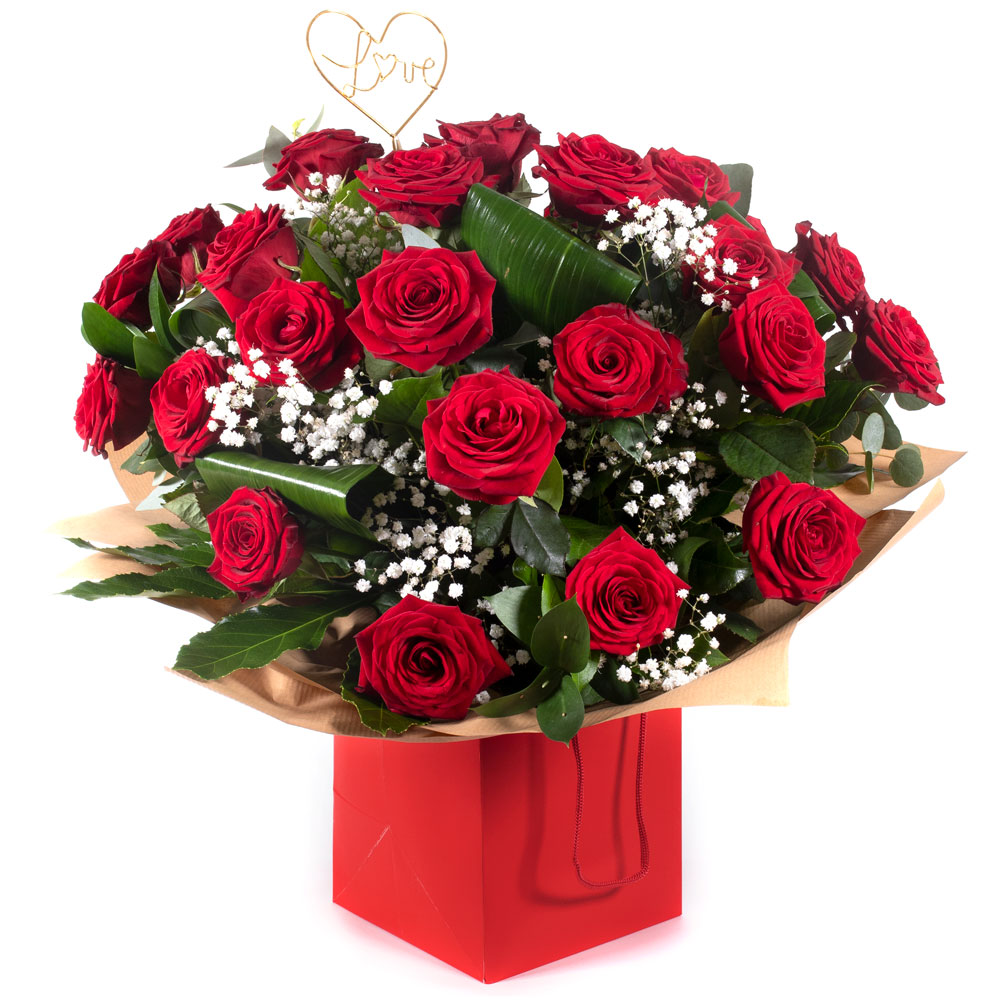 Luxury red rose Valentine's bouquet, hand-tied by a local florist and delivered fresh for Valentine's Day.